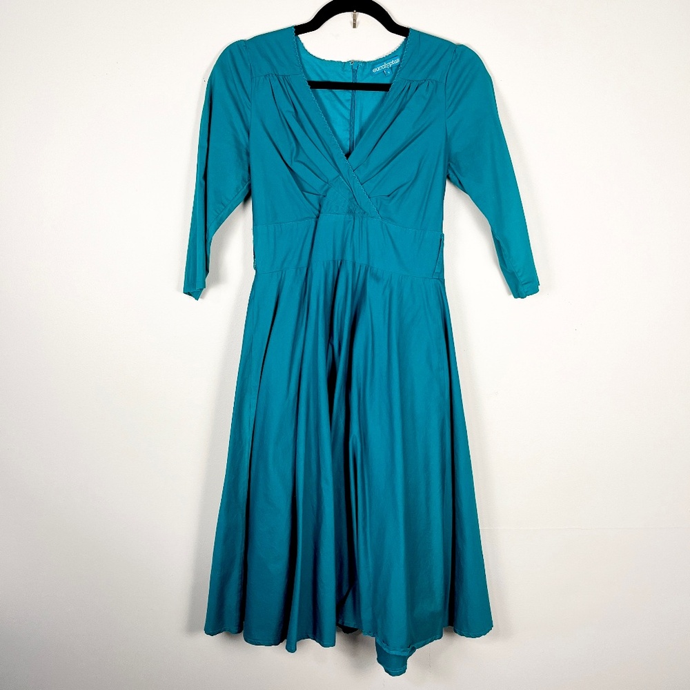 Teal retro faux wrap pleated neckline dress vintage